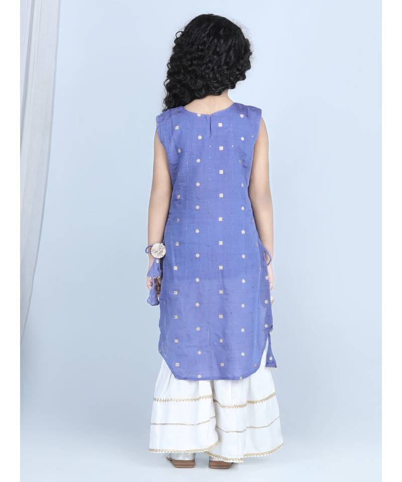 Purple gold jacquard printed kurti with tassles work paired with offwhite Sharara
