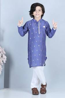 Purple gold jacquard printed kurta with show pocket paired with white cotton pajama