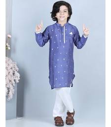 Purple gold jacquard printed kurta with show pocket paired with white cotton pajama