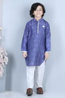 Purple gold jacquard printed kurta with show pocket paired with white cotton pajama