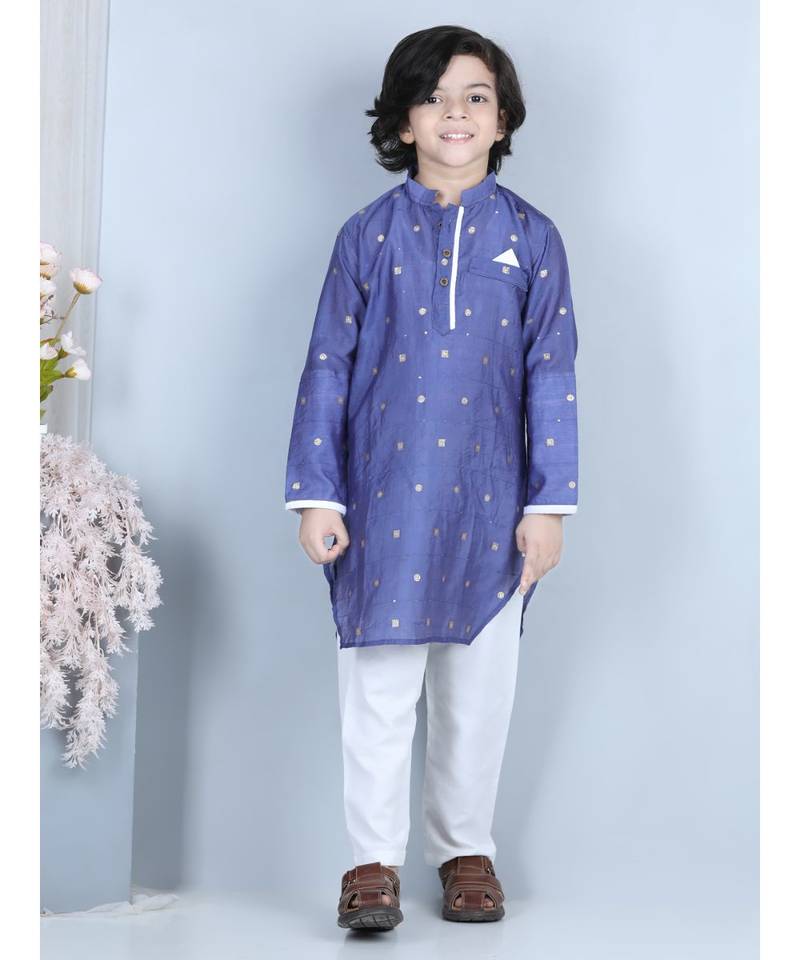 Purple gold jacquard printed kurta with show pocket paired with white cotton pajama
