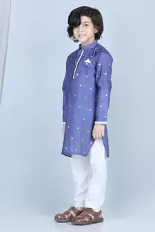 Purple gold jacquard printed kurta with show pocket paired with white cotton pajama