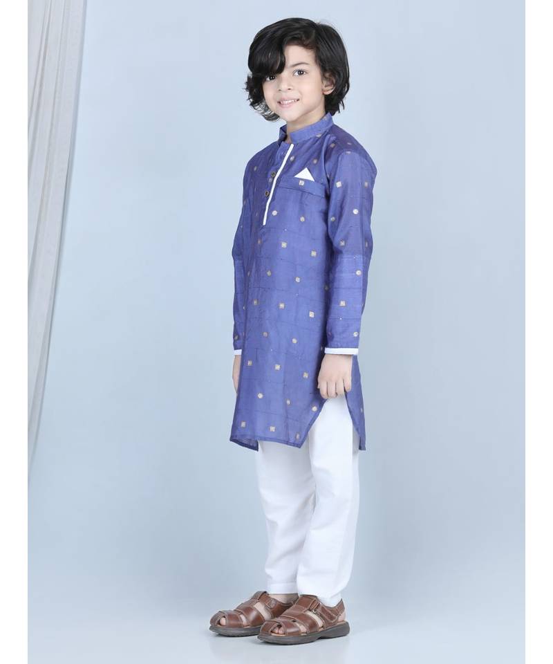 Purple gold jacquard printed kurta with show pocket paired with white cotton pajama