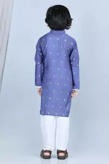 Purple gold jacquard printed kurta with show pocket paired with white cotton pajama