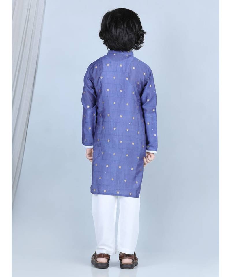Purple gold jacquard printed kurta with show pocket paired with white cotton pajama