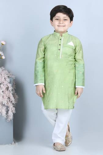 Green gold jacquard printed kurta with show pocket paired with white cotton pajama