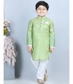 Green gold jacquard printed kurta with show pocket paired with white cotton pajama