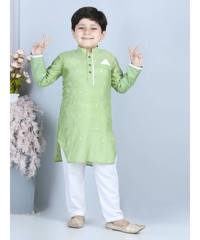 Green gold jacquard printed kurta with show pocket paired with white cotton pajama