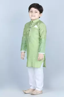 Green gold jacquard printed kurta with show pocket paired with white cotton pajama