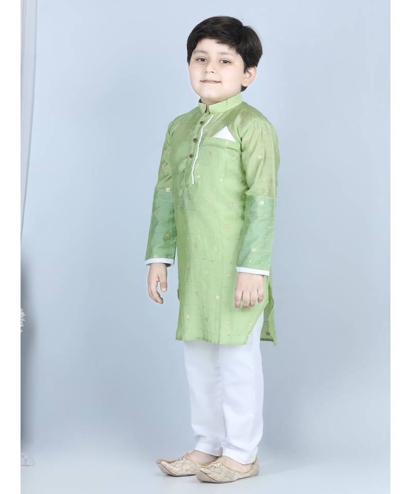 Green gold jacquard printed kurta with show pocket paired with white cotton pajama