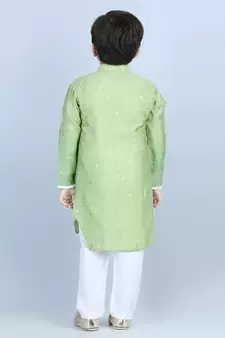 Green gold jacquard printed kurta with show pocket paired with white cotton pajama