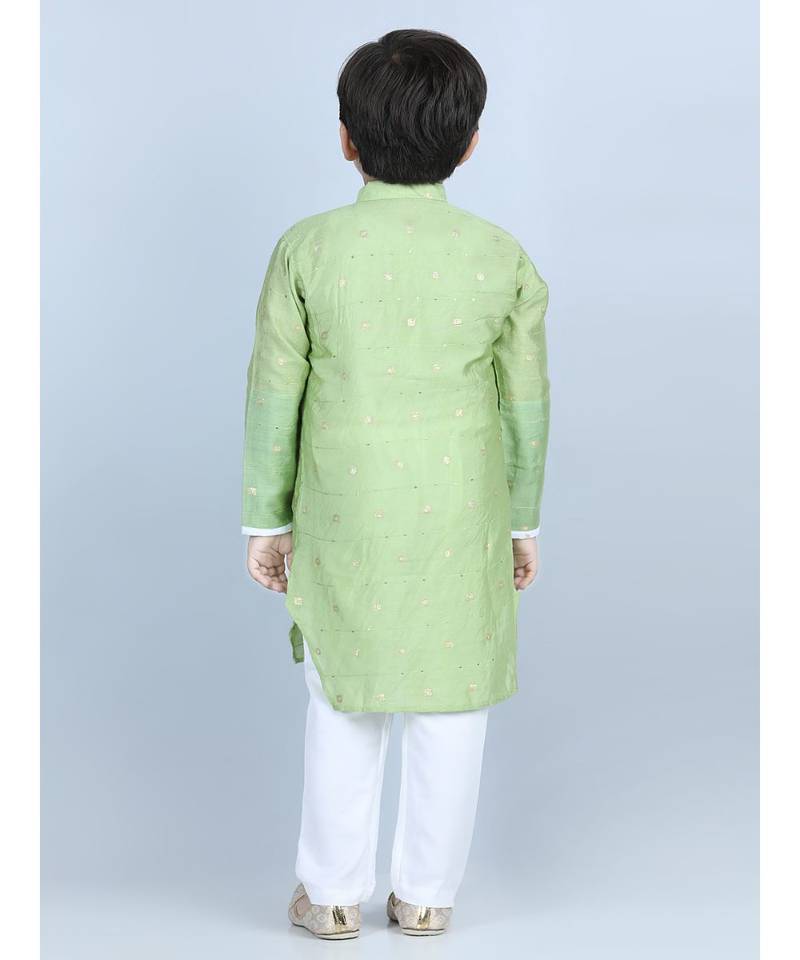 Green gold jacquard printed kurta with show pocket paired with white cotton pajama