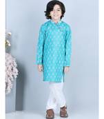 Blue Floral Printed  Kurta paired with white cotton pajama
