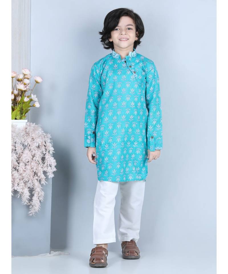 Blue Floral Printed  Kurta paired with white cotton pajama