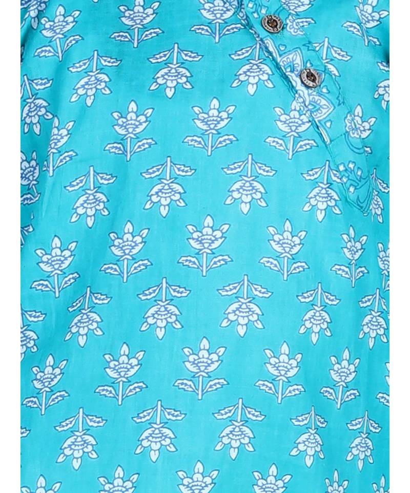 Blue Floral Printed  Kurta paired with white cotton pajama