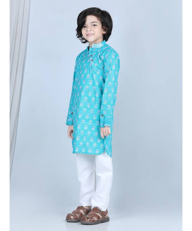 Blue Floral Printed  Kurta paired with white cotton pajama