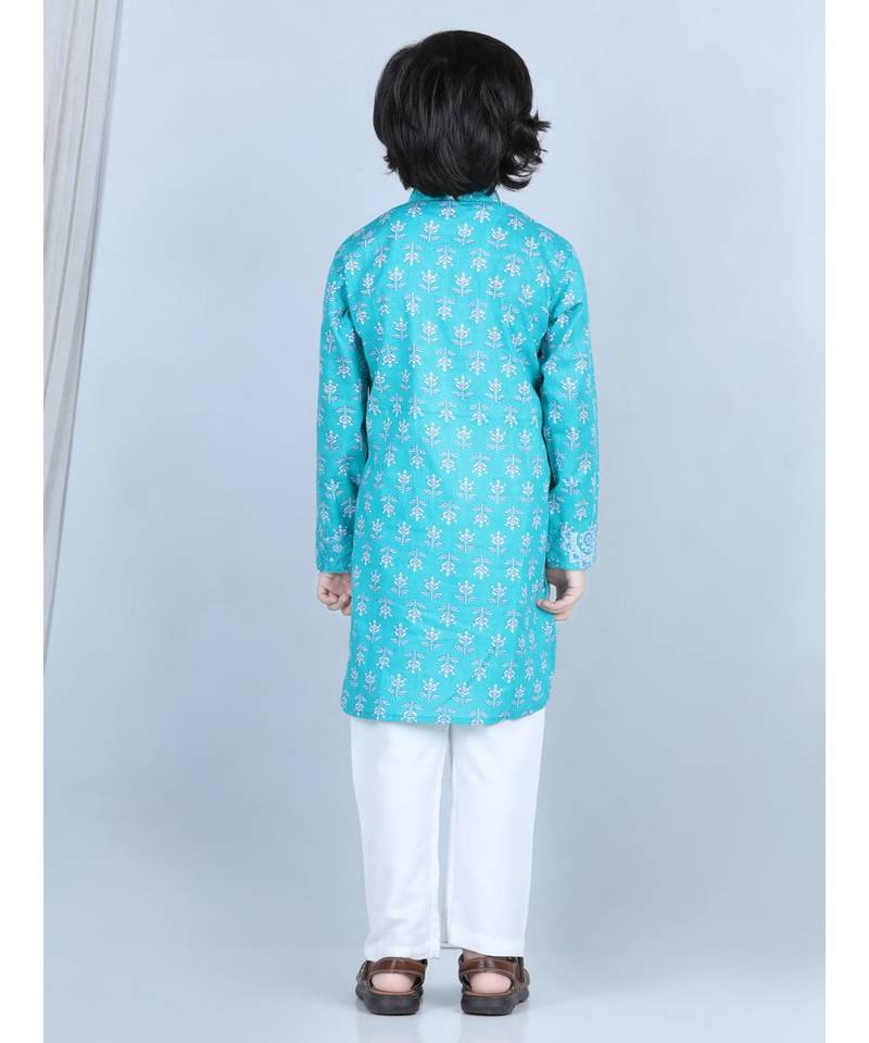 Blue Floral Printed  Kurta paired with white cotton pajama