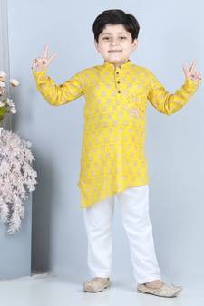 Yellow Floral Printed  Kurta paired with white cotton pajama