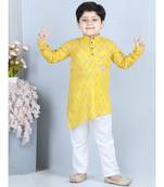 Yellow Floral Printed  Kurta paired with white cotton pajama