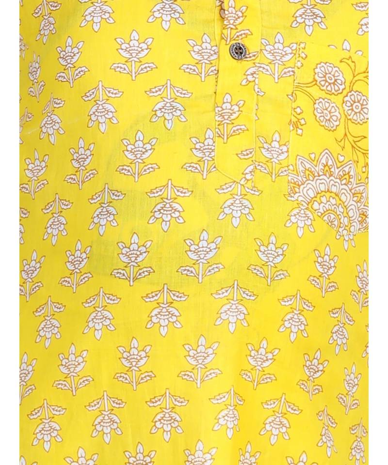 Yellow Floral Printed  Kurta paired with white cotton pajama