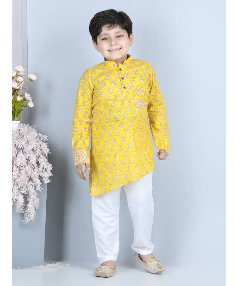 Yellow Floral Printed  Kurta paired with white cotton pajama