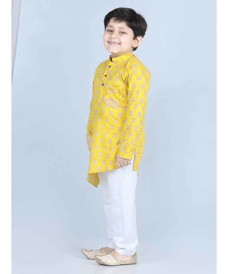 Yellow Floral Printed  Kurta paired with white cotton pajama