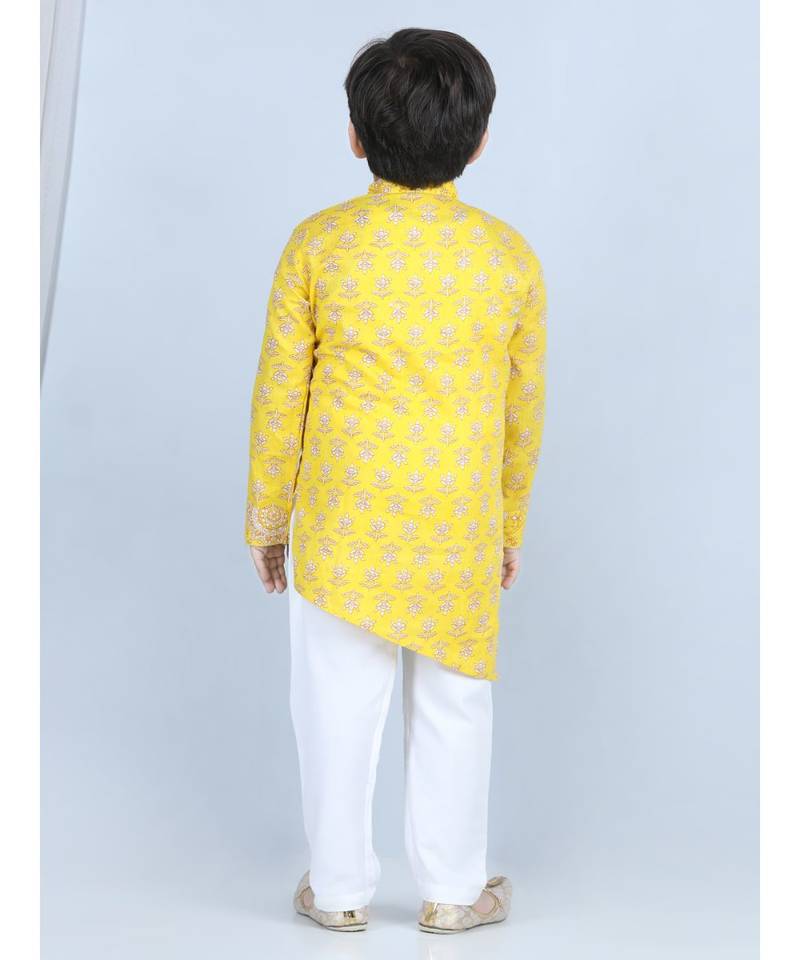 Yellow Floral Printed  Kurta paired with white cotton pajama