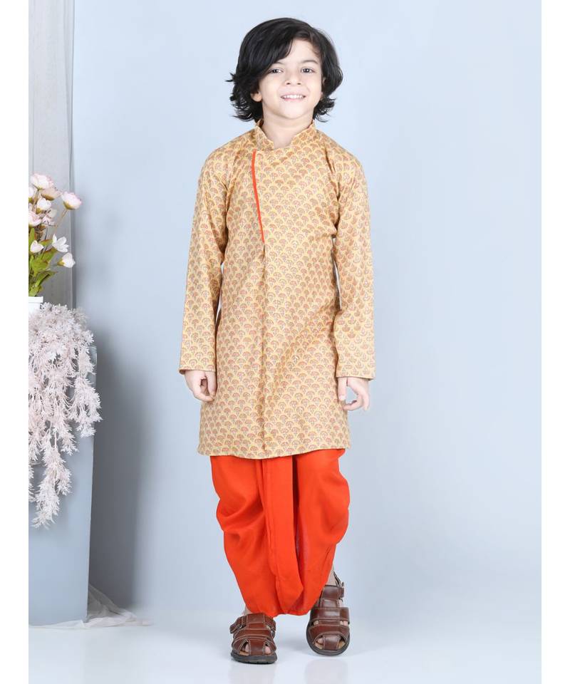Yellow Printed kurta with Orange dhoti
