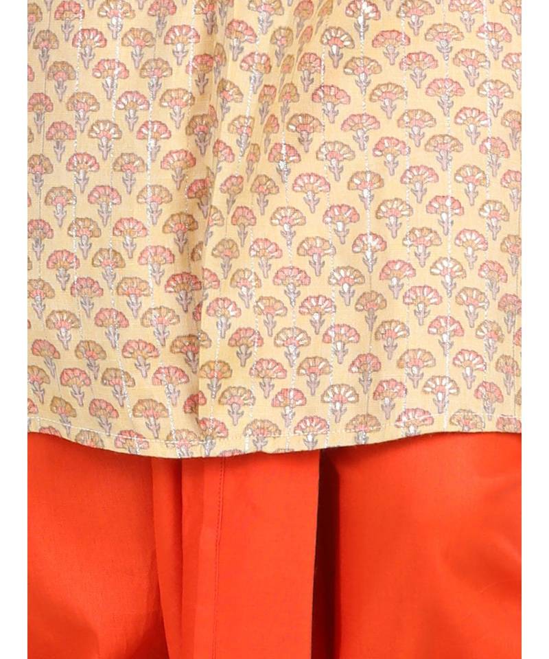 Yellow Printed kurta with Orange dhoti