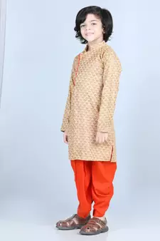 Yellow Printed kurta with Orange dhoti