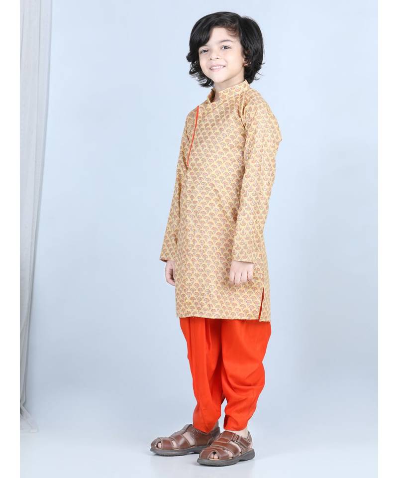 Yellow Printed kurta with Orange dhoti