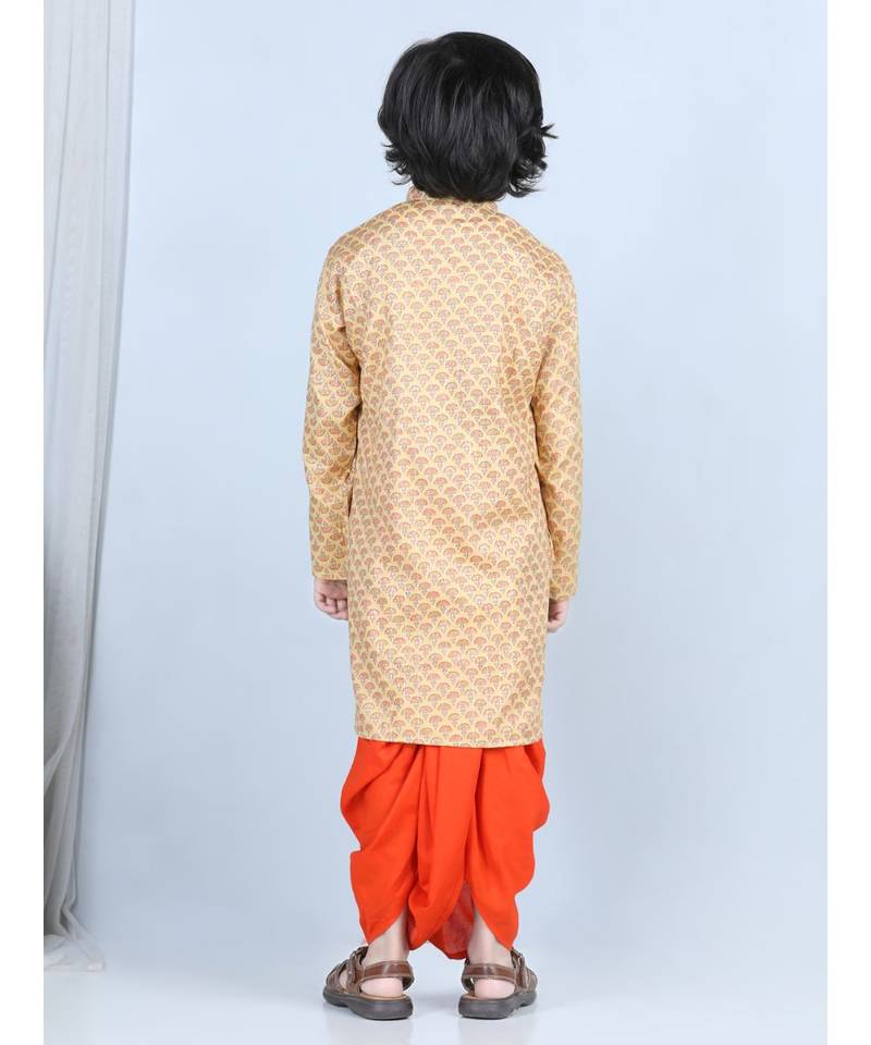 Yellow Printed kurta with Orange dhoti