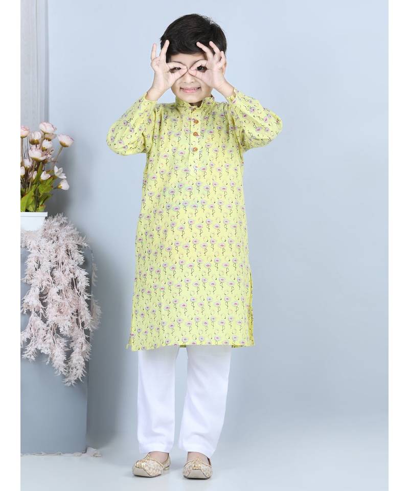 Yellow Flamingo Printed Kurta with Cotton pajama