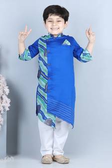 Kinder Kids Boys Blue Kota printed on one side Cotton Kurta with pajama