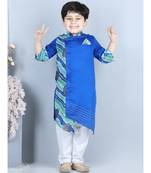 Kinder Kids Boys Blue Kota printed on one side Cotton Kurta with pajama