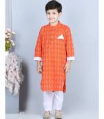 Kinder Kids Boys Orange  White Katha Pure Cotton Kurta with pajama