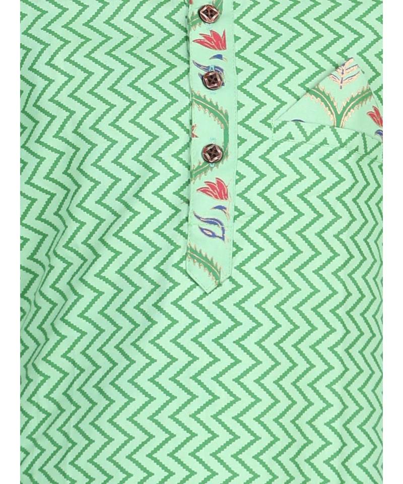 Kinder Kids Boys Green Geometric Printed Kurta with pajama