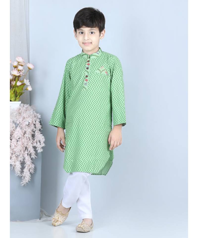 Kinder Kids Boys Green Geometric Printed Kurta with pajama