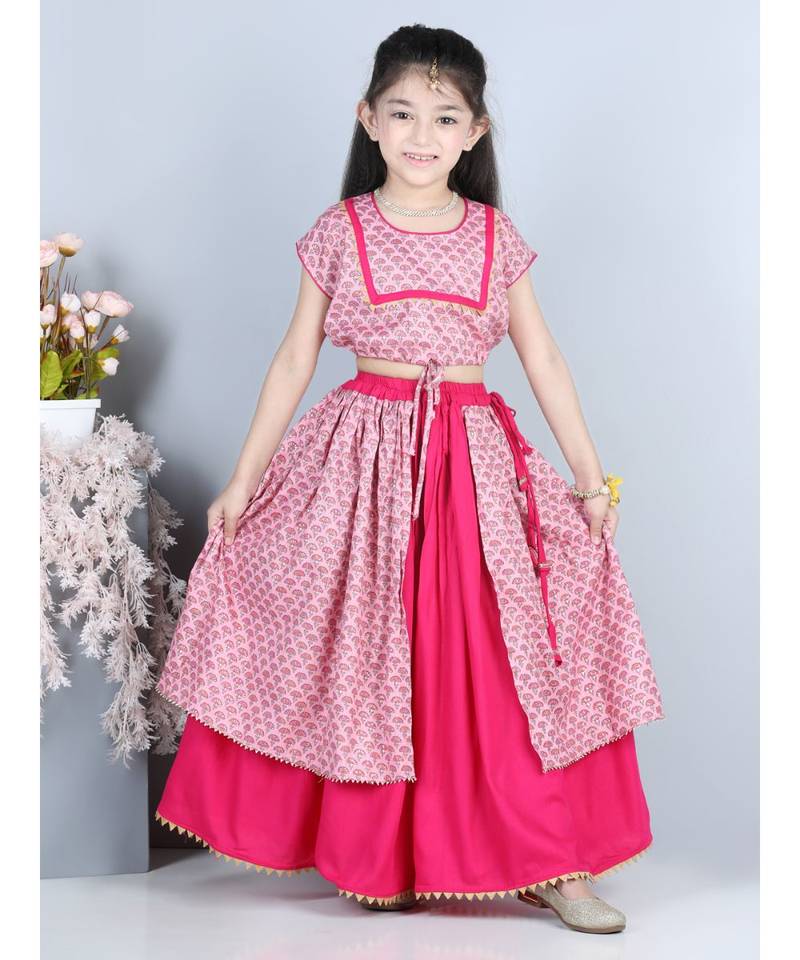 Pink printed layered lehenga and top