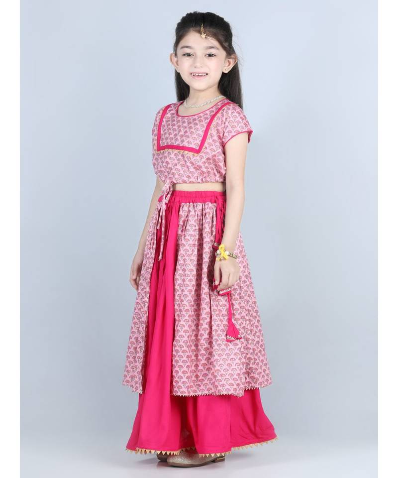 Pink printed layered lehenga and top