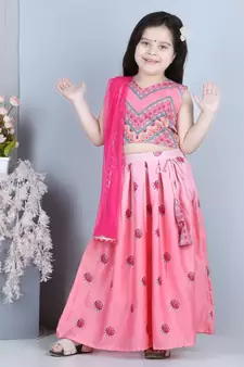 Pink flloral printed lehenga with printed top and dupatta
