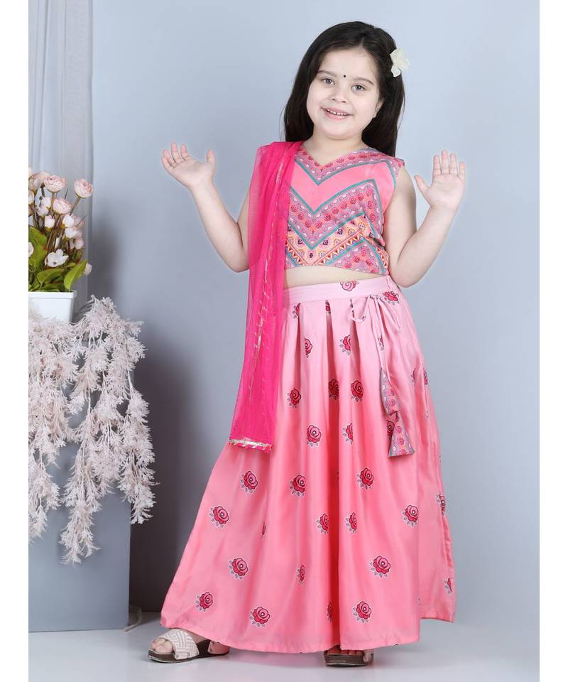 Pink flloral printed lehenga with printed top and dupatta