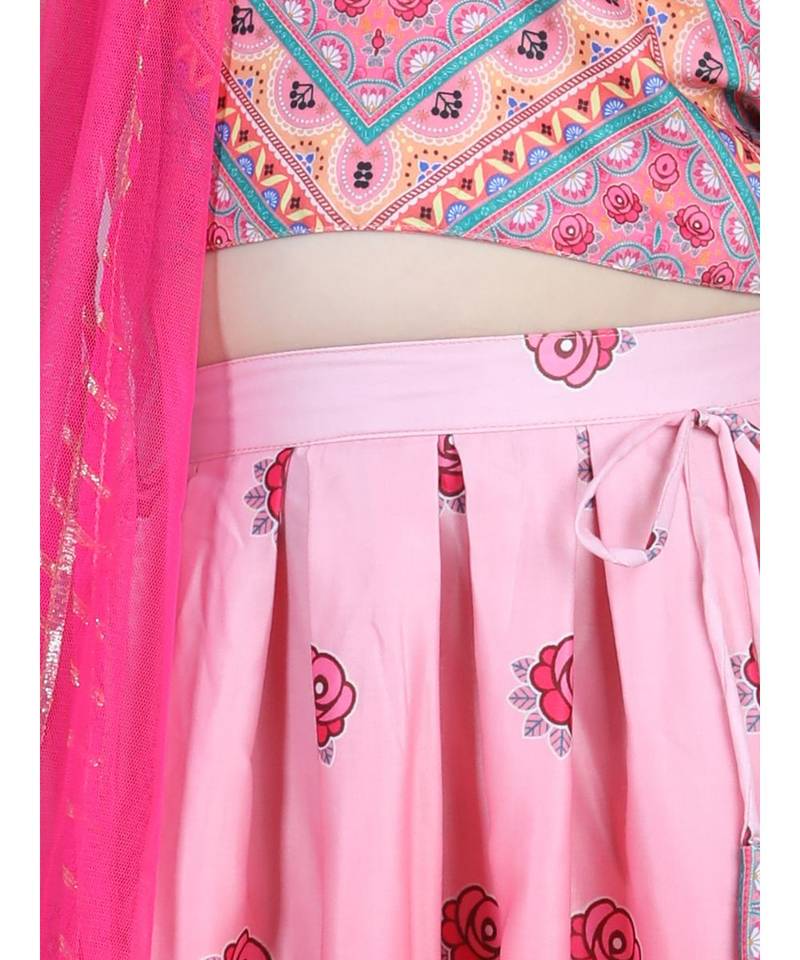 Pink flloral printed lehenga with printed top and dupatta