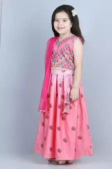 Pink flloral printed lehenga with printed top and dupatta