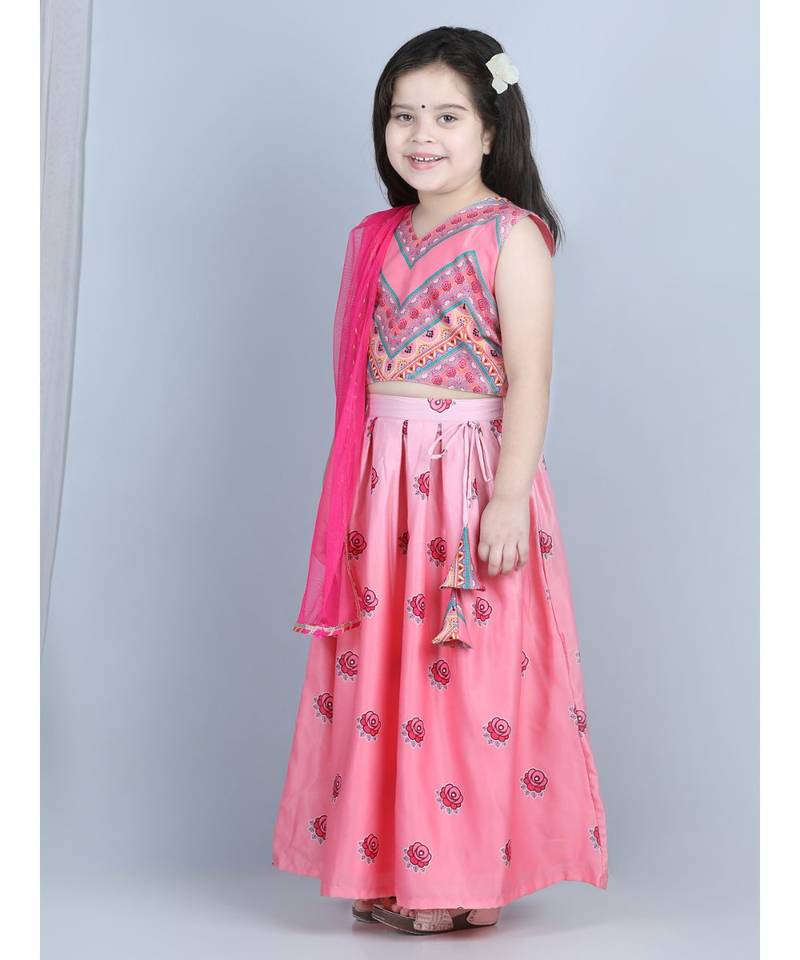 Pink flloral printed lehenga with printed top and dupatta
