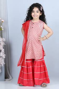 Peach Floral Printed  Kurti with Pink Sharara and dupatta