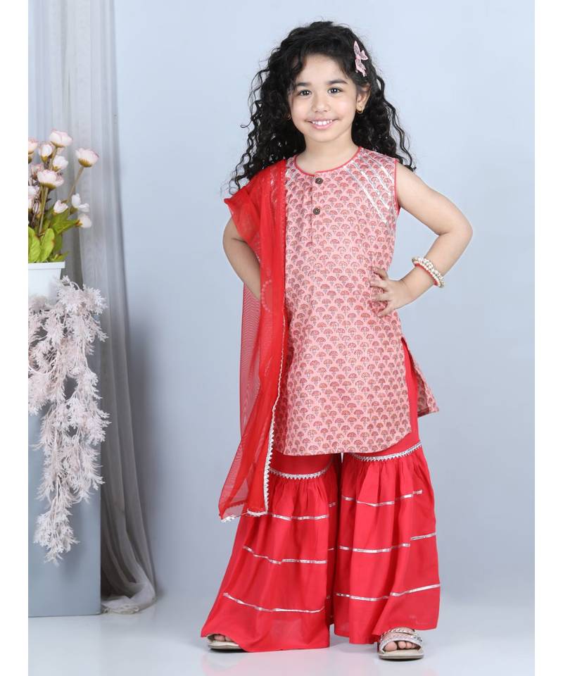 Peach Floral Printed  Kurti with Pink Sharara and dupatta