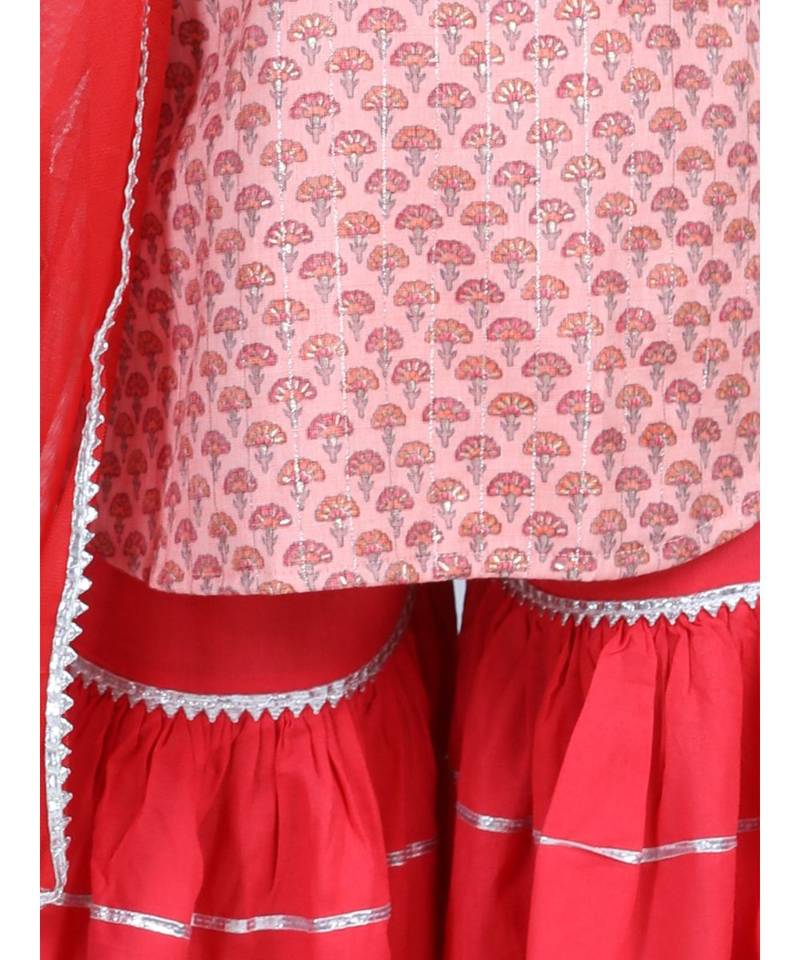 Peach Floral Printed  Kurti with Pink Sharara and dupatta