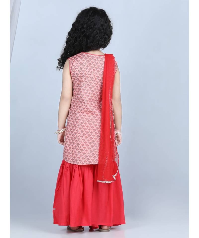 Peach Floral Printed  Kurti with Pink Sharara and dupatta