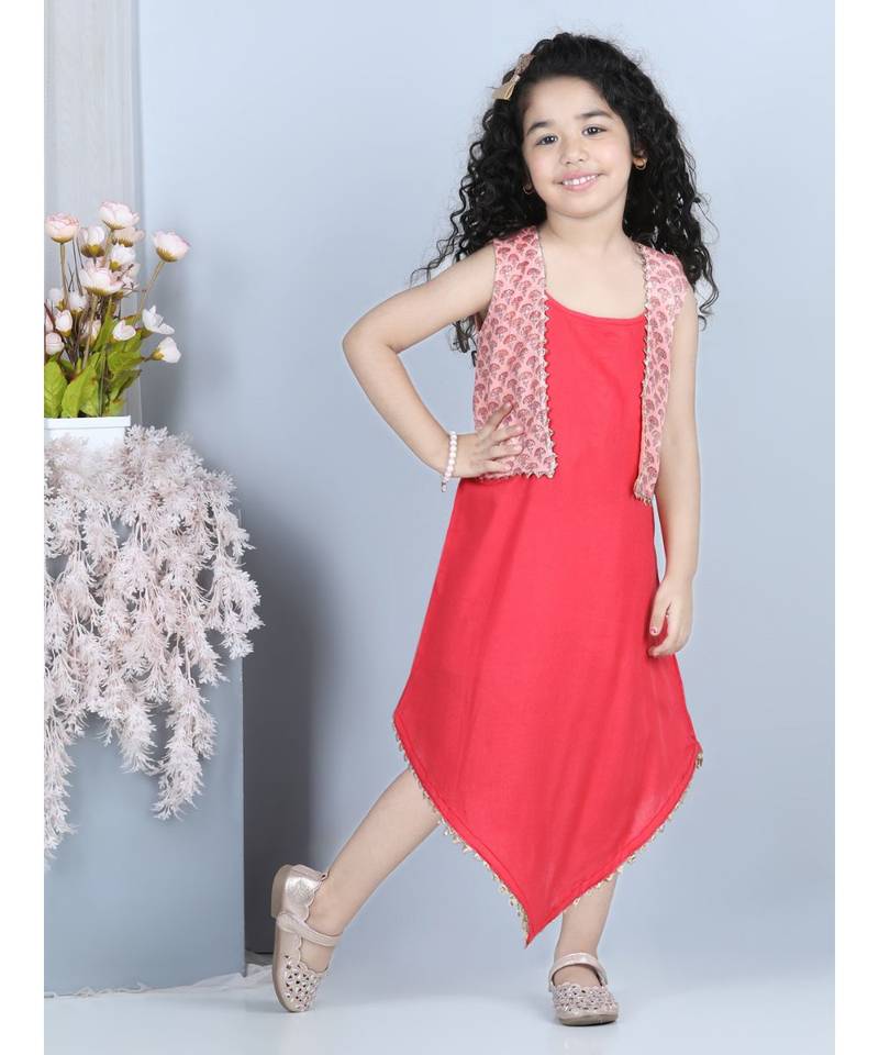 Pink long dress with a printed jacket